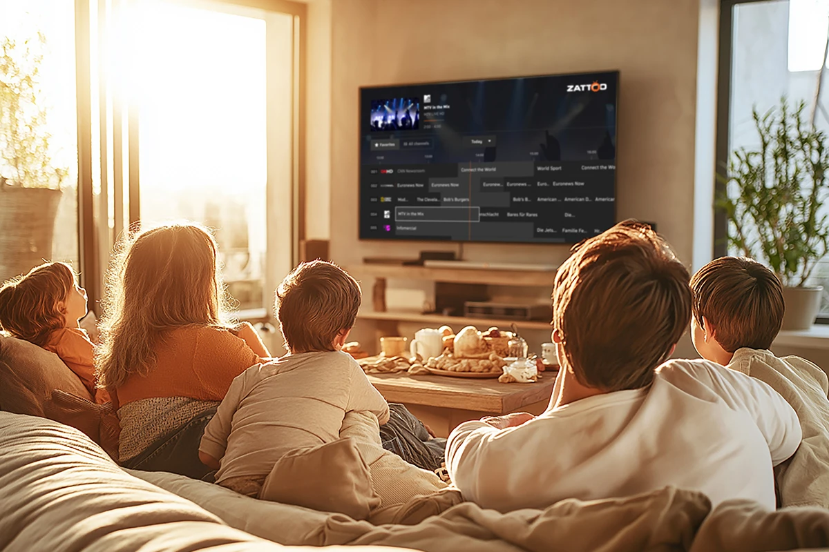 Familie genießt IPTV auf dem Fernseher